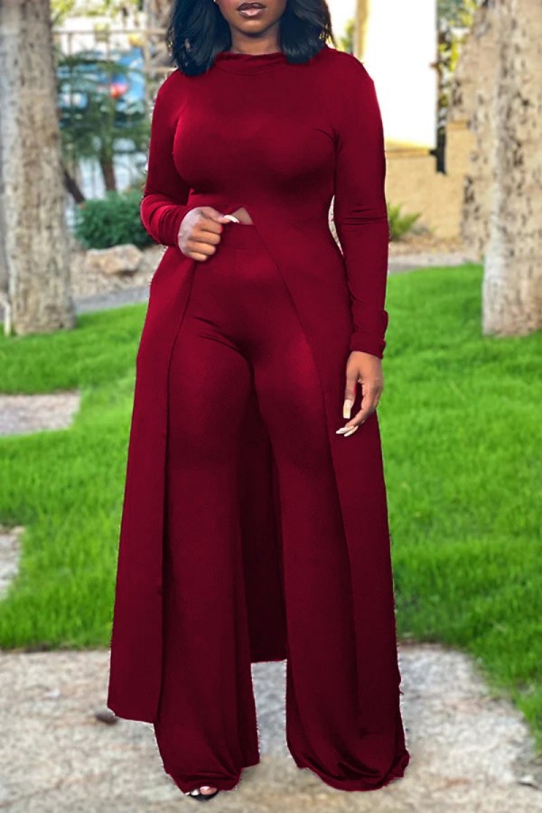 Burgundy Casual Solid Slit O Neck Long Sleeve Two Pieces