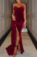 Burgundy Sexy Formal Patchwork Sequins Backless Slit Strapless Evening Dress Dresses