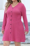 Grey Casual Solid Patchwork V Neck Long Sleeve Plus Size Dresses (Without Belt)