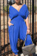 Blue Casual Solid Patchwork Draw String V Neck Loose Jumpsuits