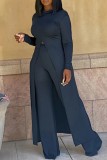 Blue Casual Solid Slit O Neck Long Sleeve Two Pieces