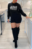 Black Daily Print Letter O Neck Tops
