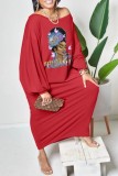 Red Casual Print Basic O Neck Long Sleeve Dresses