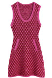 Rose Red Casual Plaid Patchwork Pocket U Neck Sleeveless Dress Dresses