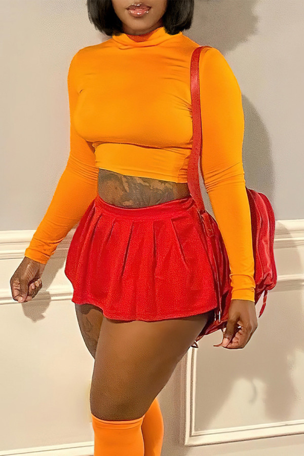 Tangerine Red Street Solid Patchwork O Neck Long Sleeve Two Pieces