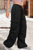 Black Street Solid Patchwork Draw String Pocket Straight Low Waist Straight Solid Color Bottoms
