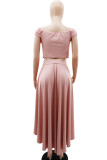 Pink Elegant Solid Patchwork Draw String Buckle Off the Shoulder Short Sleeve Two Pieces