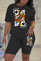 Black Yellow Casual Print Basic O Neck Short Sleeve Two Pieces