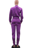 Purple Casual Solid Patchwork Mandarin Collar Long Sleeve Two Pieces
