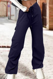 Dark Blue Street Solid Patchwork Draw String Pocket Straight High Waist Straight Solid Color Bottoms