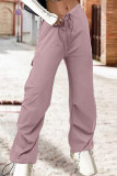 Pink Street Solid Patchwork Draw String Pocket Straight High Waist Straight Solid Color Bottoms