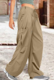 Army Green Street Solid Patchwork Draw String Pocket Straight High Waist Straight Solid Color Bottoms