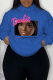 Royal Blue Street Cute Print Draw String Letter Hooded Collar Tops
