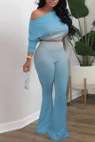 Water Blue Casual Gradual Change Print Patchwork Oblique Collar Long Sleeve Two Pieces