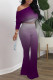 Purple Casual Gradual Change Print Patchwork Oblique Collar Long Sleeve Two Pieces