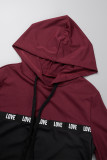 Burgundy Casual Patchwork Contrast Hooded Collar Long Sleeve Two Pieces