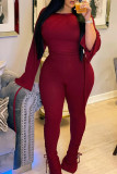 Burgundy Casual Solid Patchwork Draw String Slit O Neck Long Sleeve Two Pieces