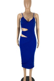 Blue Sexy Solid Hollowed Out Patchwork Spaghetti Strap Pencil Skirt Dresses