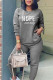 Dark Gray Casual Print Patchwork O Neck Long Sleeve Two Pieces