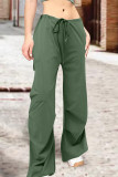Army Green Street Solid Patchwork Draw String Pocket Straight High Waist Straight Solid Color Bottoms