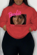 Red Street Cute Print Draw String Letter Hooded Collar Tops