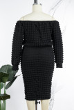 Black Casual Solid Basic Off the Shoulder Plus Size Two Pieces