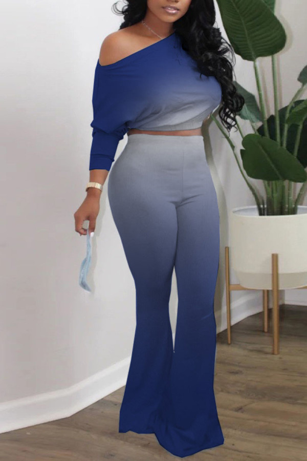 Blue Casual Gradual Change Print Patchwork Oblique Collar Long Sleeve Two Pieces