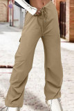 Khaki Street Solid Patchwork Draw String Pocket Straight High Waist Straight Solid Color Bottoms