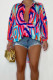 Blue Street Print Patchwork Buckle Turndown Collar Tops