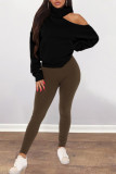 Coffee Casual Solid Hollowed Out Turtleneck Plus Size Tops