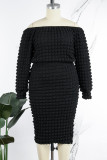 Black Casual Solid Basic Off the Shoulder Plus Size Two Pieces