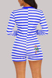 Blue Sexy Striped V Neck Skinny Romper