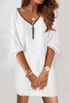 White Casual Solid Patchwork Zipper Collar Long Sleeve Dresses