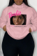 Pink Street Cute Print Draw String Letter Hooded Collar Tops