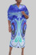 Purplish Blue Sexy Street Print Patchwork V Neck Pencil Skirt Dresses