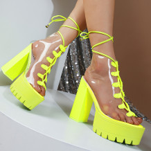 Fluorescent Green Casual Bandage Patchwork Fish Mouth Out Door Wedges Shoes (Heel Height 5.12in)