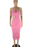 Pink Sexy Solid Hollowed Out Patchwork Spaghetti Strap Pencil Skirt Dresses