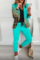 Light Green Casual Print Cardigan Pants Turn-back Collar Long Sleeve Two Pieces