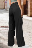Black Street Solid Patchwork Draw String Pocket Straight High Waist Straight Solid Color Bottoms