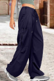 Dark Blue Street Solid Patchwork Draw String Pocket Straight High Waist Straight Solid Color Bottoms