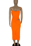 Tangerine Sexy Solid Hollowed Out Patchwork Spaghetti Strap Pencil Skirt Dresses