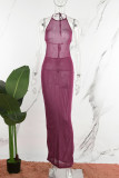 Burgundy Sexy Solid Bandage Backless Halter Long Dress Dresses
