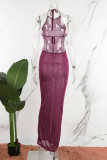 Burgundy Sexy Solid Bandage Backless Halter Long Dress Dresses