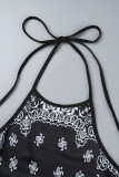 Black Sexy Print Bandage Backless Halter Sleeveless Dress Dresses