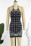 Black Sexy Print Bandage Backless Halter Sleeveless Dress Dresses