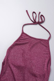 Burgundy Sexy Solid Bandage Backless Halter Long Dress Dresses