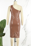 Brown Sexy Solid Hollowed Out Backless Oblique Collar Sleeveless Dress Dresses