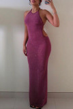 Burgundy Sexy Solid Bandage Backless Halter Long Dress Dresses