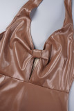 Brown Sexy Solid Bandage Backless Halter Sleeveless Dress Dresses