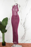 Burgundy Sexy Solid Bandage Backless Halter Long Dress Dresses